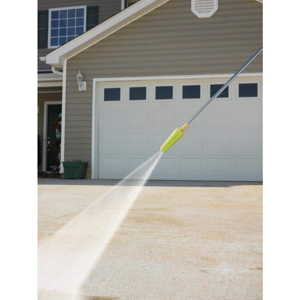 RYOBI 3,300 PSI turbo nozzle, in-use spray, speeds up stubborn cleaning tasks.