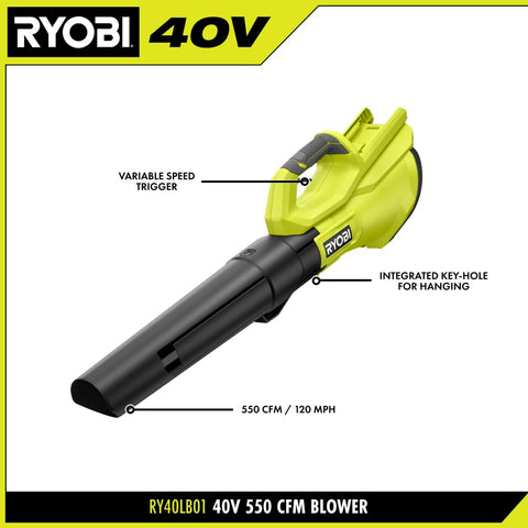 RYOBI 40V blower showing 120 mph air for outdoor cleaning