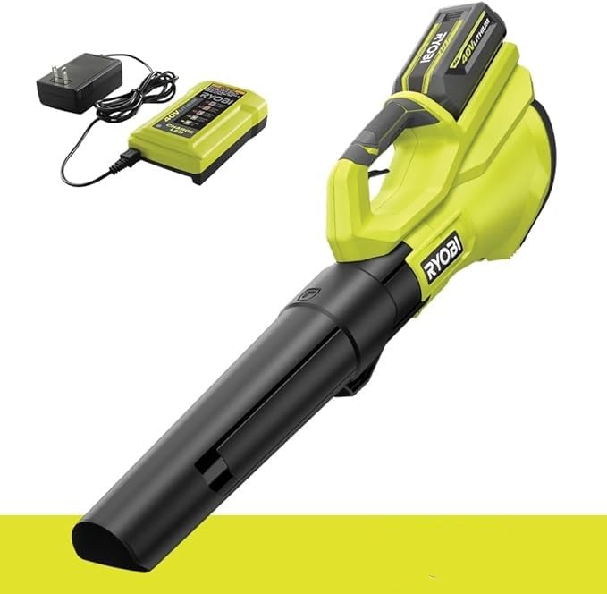 RYOBI 40V blower in front view, ready for quick patio cleanup