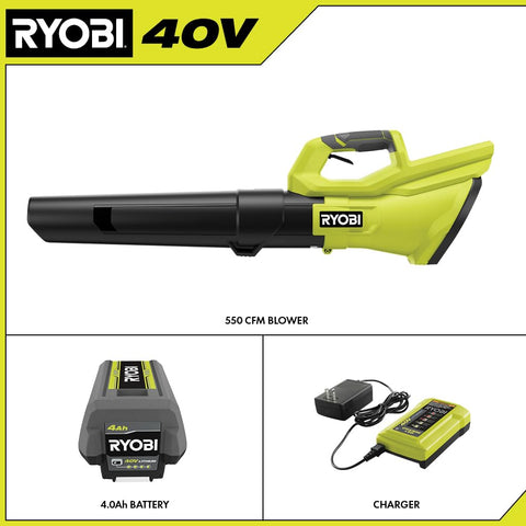 RYOBI 40V blower in use on patio for efficient debris clearing