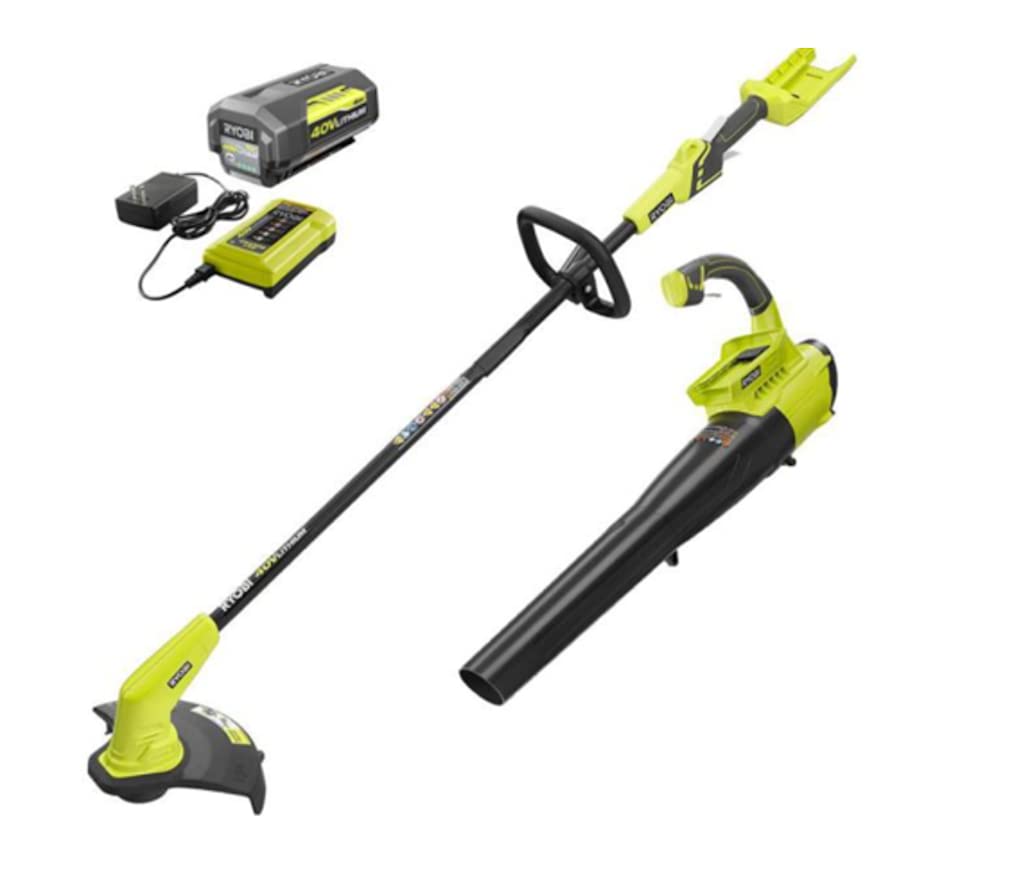 RYOBI 40V trimmer and blower kit in use for efficient yard cleanup