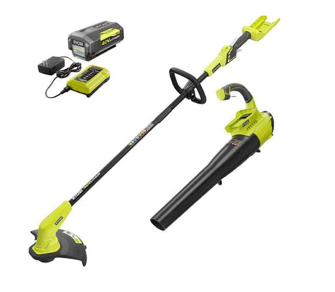 RYOBI 40V trimmer and blower kit in use for efficient yard cleanup