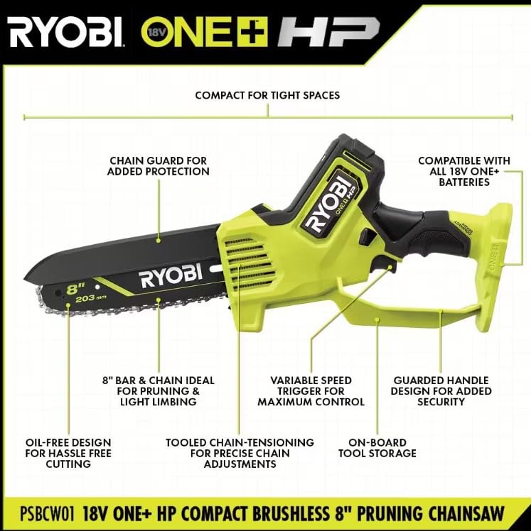 Built-in chain tension wrench on RYOBI pruning chainsaw for easy adjustment