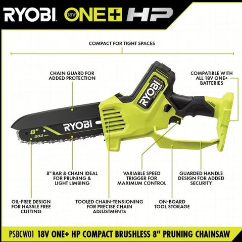 Built-in chain tension wrench on RYOBI pruning chainsaw for easy adjustment