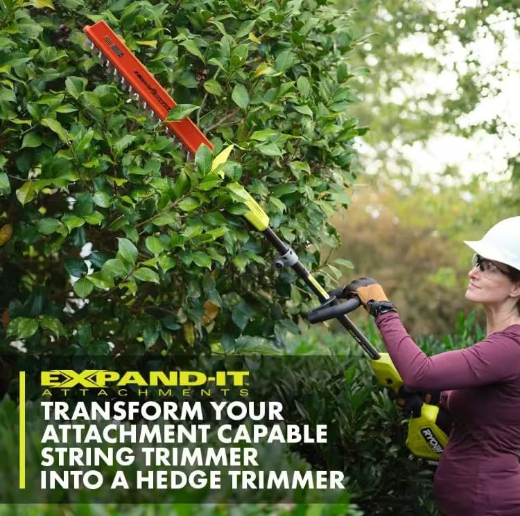 RYOBI Expand-It ergonomic design enables quick hedge trimming without rearranging gear.