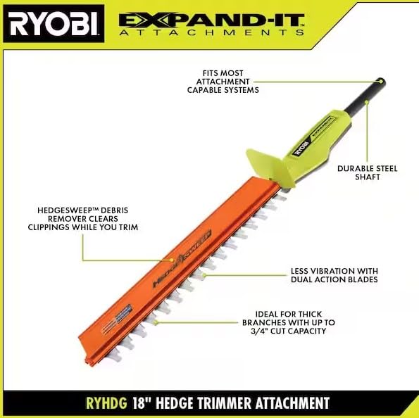 RYOBI Expand-It hedge-sweep debris remover keeps clippings clear while you trim.