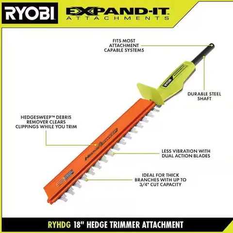 RYOBI Expand-It hedge-sweep debris remover keeps clippings clear while you trim.