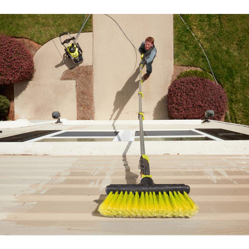 RYOBI extension pole angled brush reaches tight corners.