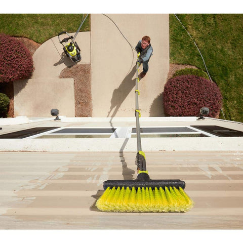 RYOBI extension pole angled brush reaches tight corners.