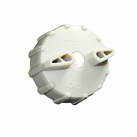 Close-up view of RYOBI oil cap assembly in white metal plastic with OEM fit.
