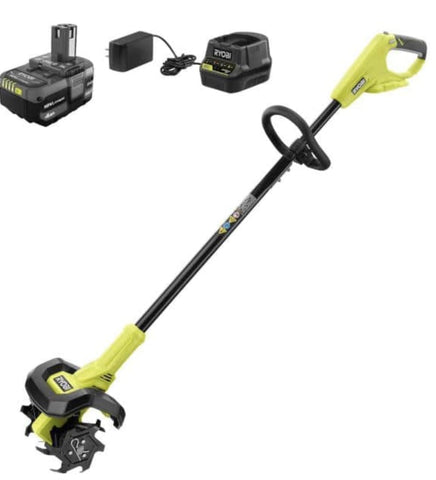 RYOBI One+ 18V 8-inch cordless cultivator with 4.0 Ah battery for easy garden bed prep