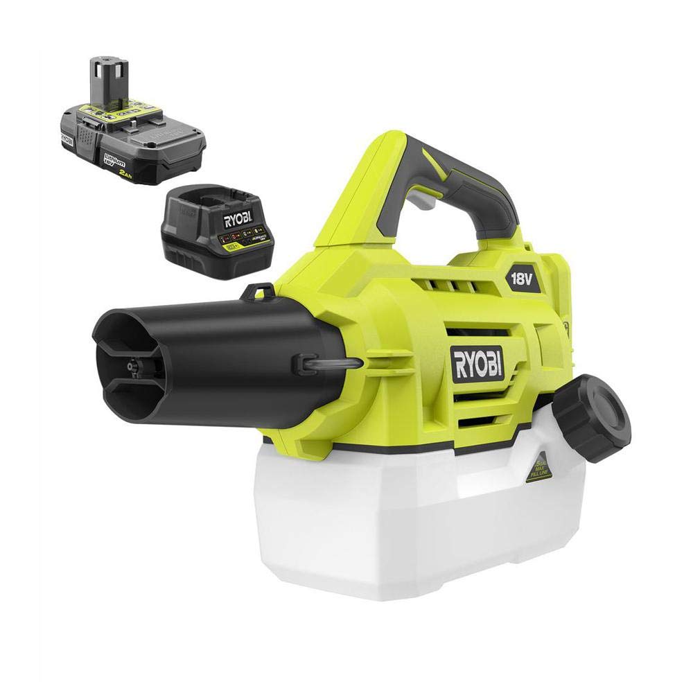 RYOBI ONEAND 18V fogger with battery included for quick garden misting.