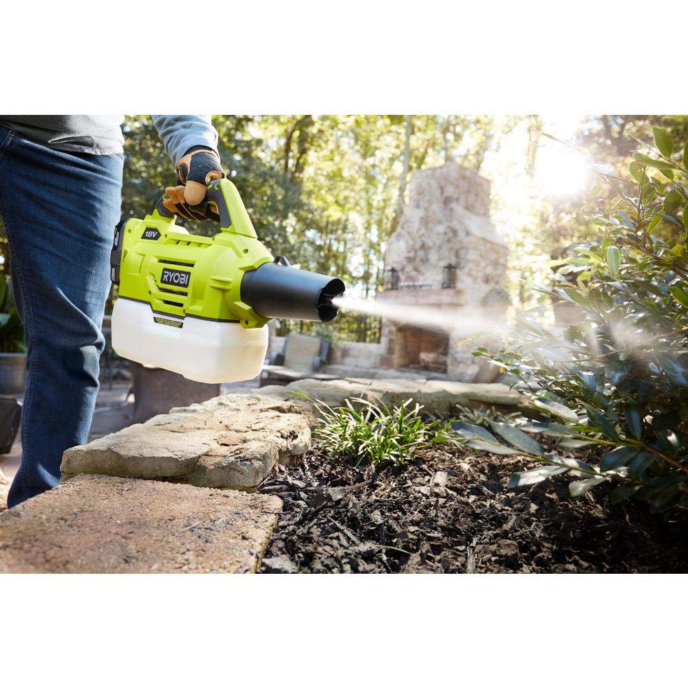 RYOBI ONEAND 18V fogger in garden setup for efficient area coverage.