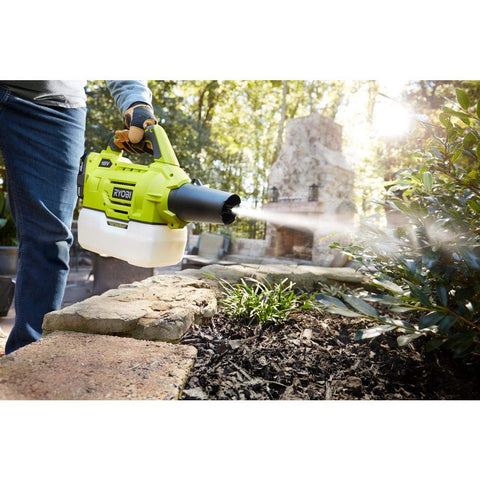 RYOBI ONEAND 18V fogger in garden setup for efficient area coverage.