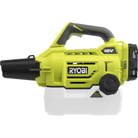RYOBI ONEAND 18V fogger shows mist spray action for even coverage.