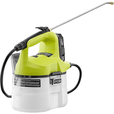 Ryobi ONE+ 18V chemical sprayer bottle showing portable cordless spraying for lawn and garden tasks.