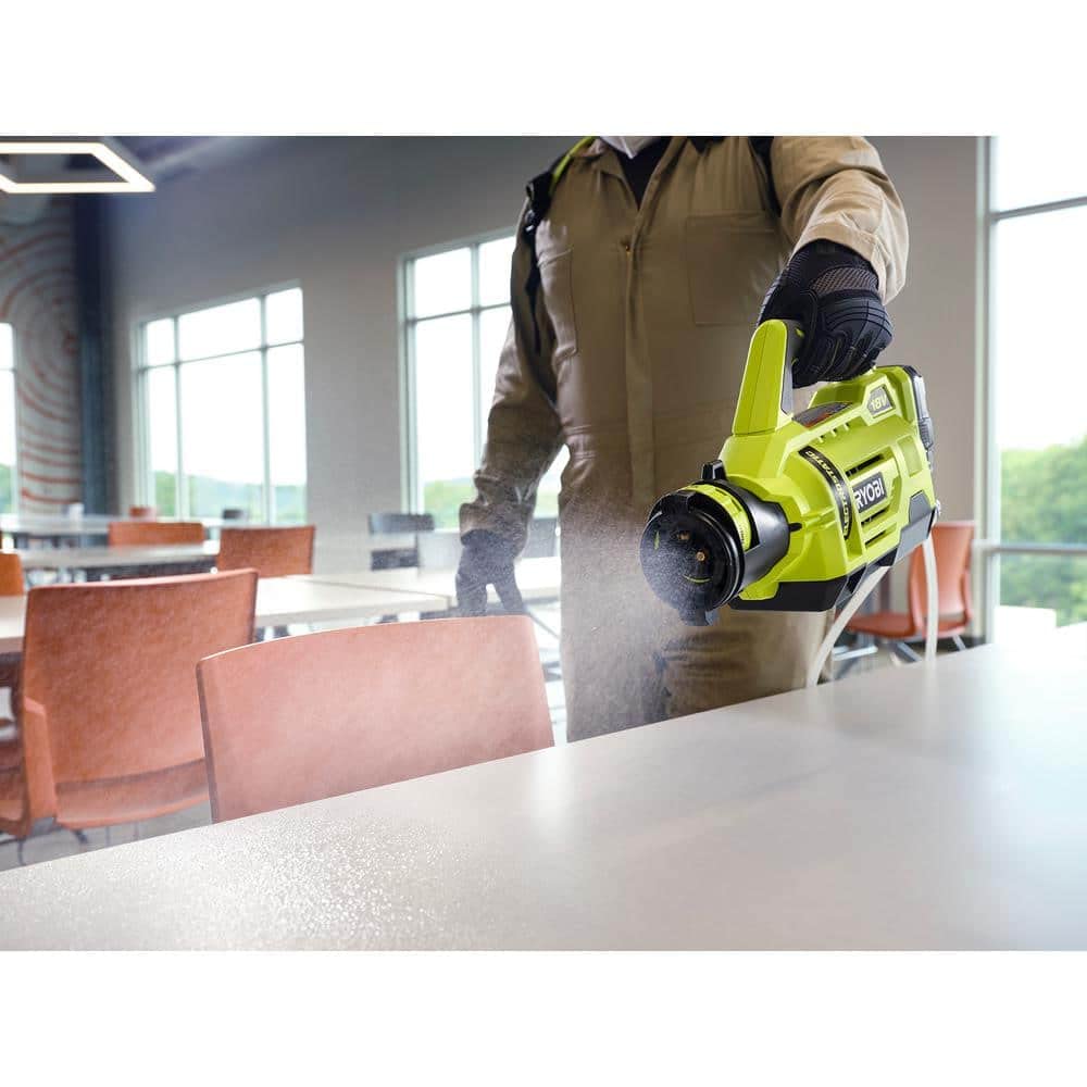 RYOBI ONE+ electrostatic sprayer used across indoor and outdoor areas.