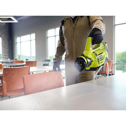 RYOBI ONE+ electrostatic sprayer used across indoor and outdoor areas.