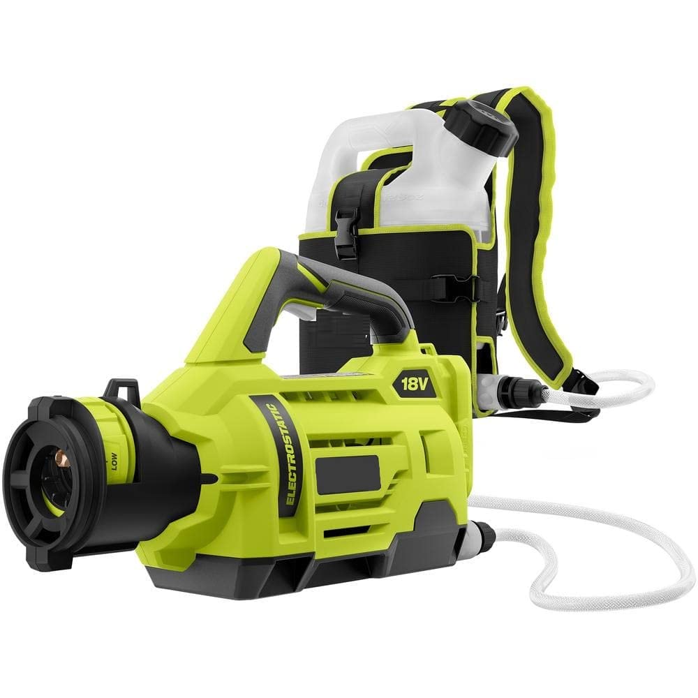 RYOBI ONE+ electrostatic sprayer front view showing compact spray head for efficient coverage.