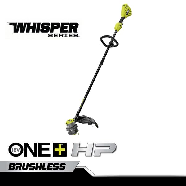 RYOBI ONE+ HP 18V brushless whisper trimmer edging along a lawn for quiet, precise results.