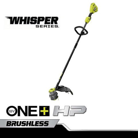 RYOBI ONE+ HP 18V brushless whisper trimmer edging along a lawn for quiet, precise results.