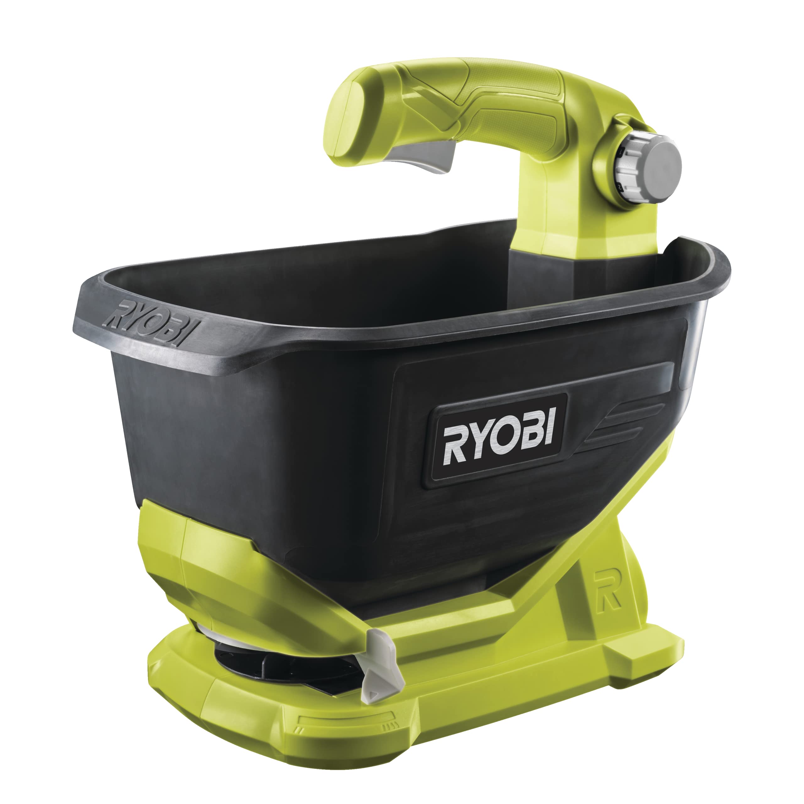 Ryobi OSS1800 seed spreader front view showing even distribution feature for lawns.
