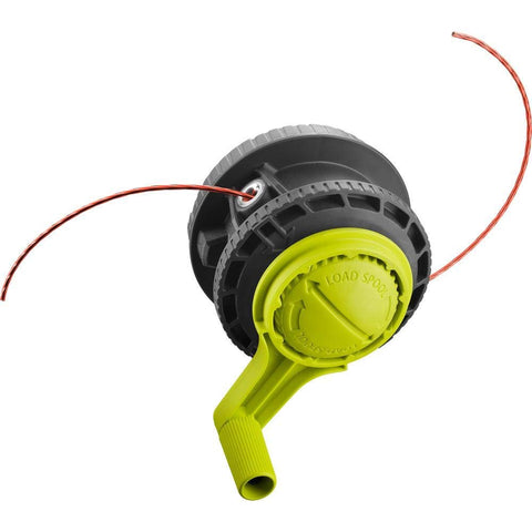 RYOBI Reel EASYAND bump feed head mechanism closeup highlights speed winder feature.