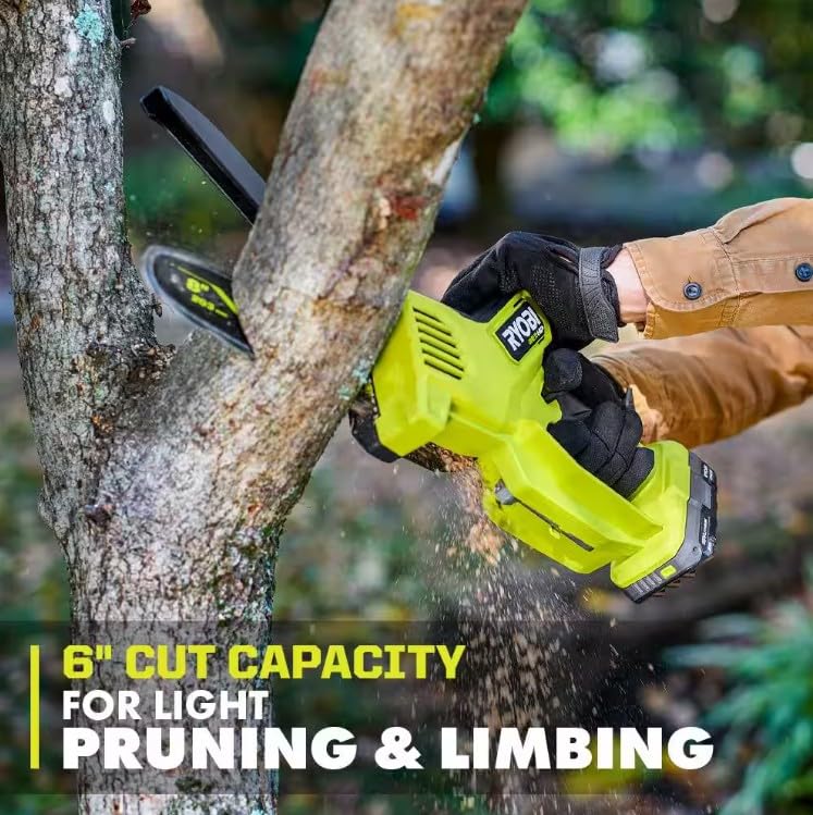 Safety guards on the chain and handle of the RYOBI pruning chainsaw