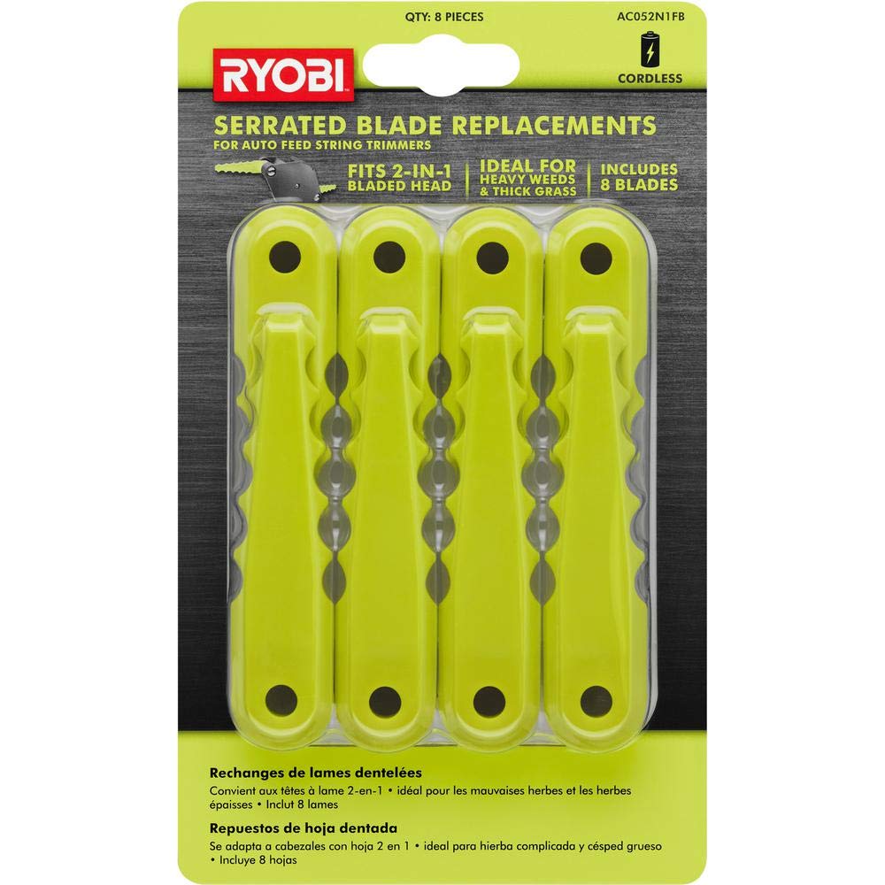 RYOBI serrated blade eight-pack installed on a 2-in-1 bladed head for tough weeds