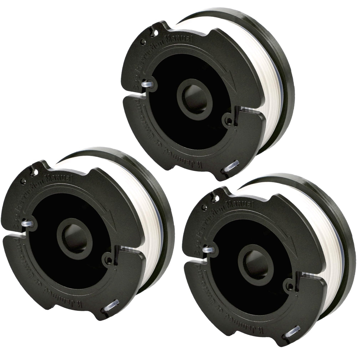 Rysnirs AF-100 3-pack spools for Black+Decker trimmers, ready for quick replacement.