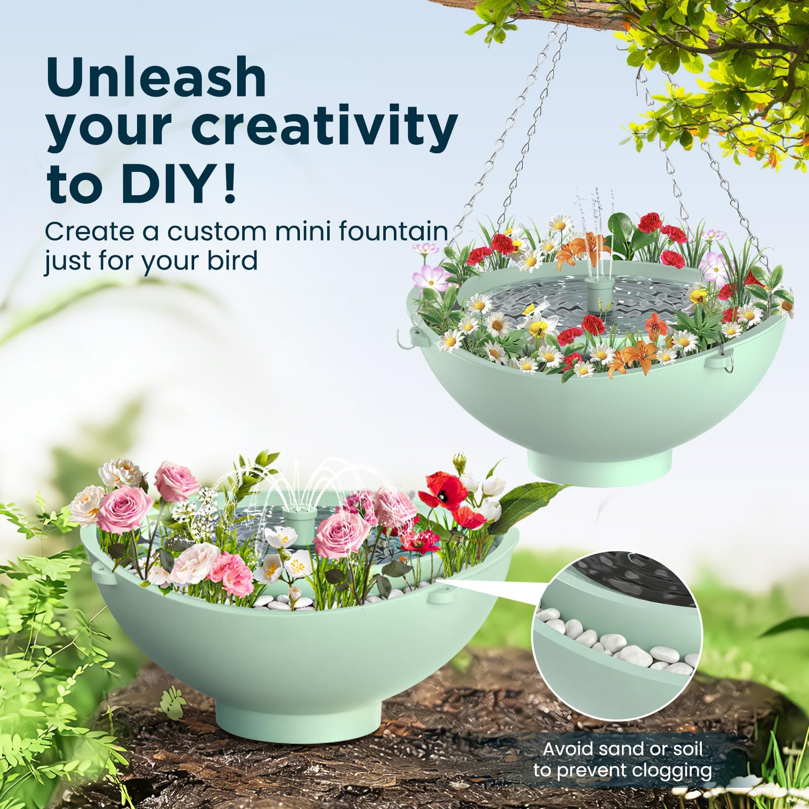 Hybrid solar and battery power enables day-long fountain action.