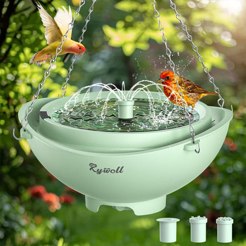 Rywell solar bird bath on patio shows three spray modes to attract more birds.