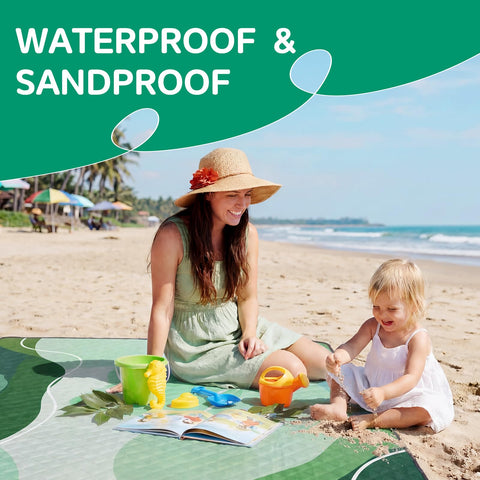 RYCHIC waterproof picnic blanket camping setup for outdoor adventures with family.