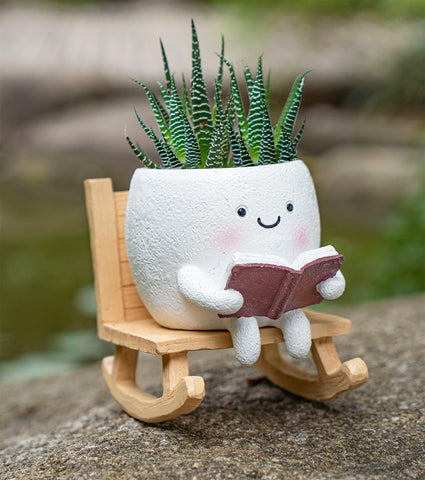 RZOIKZOI smiley-face planter on rocking chair for indoor decor