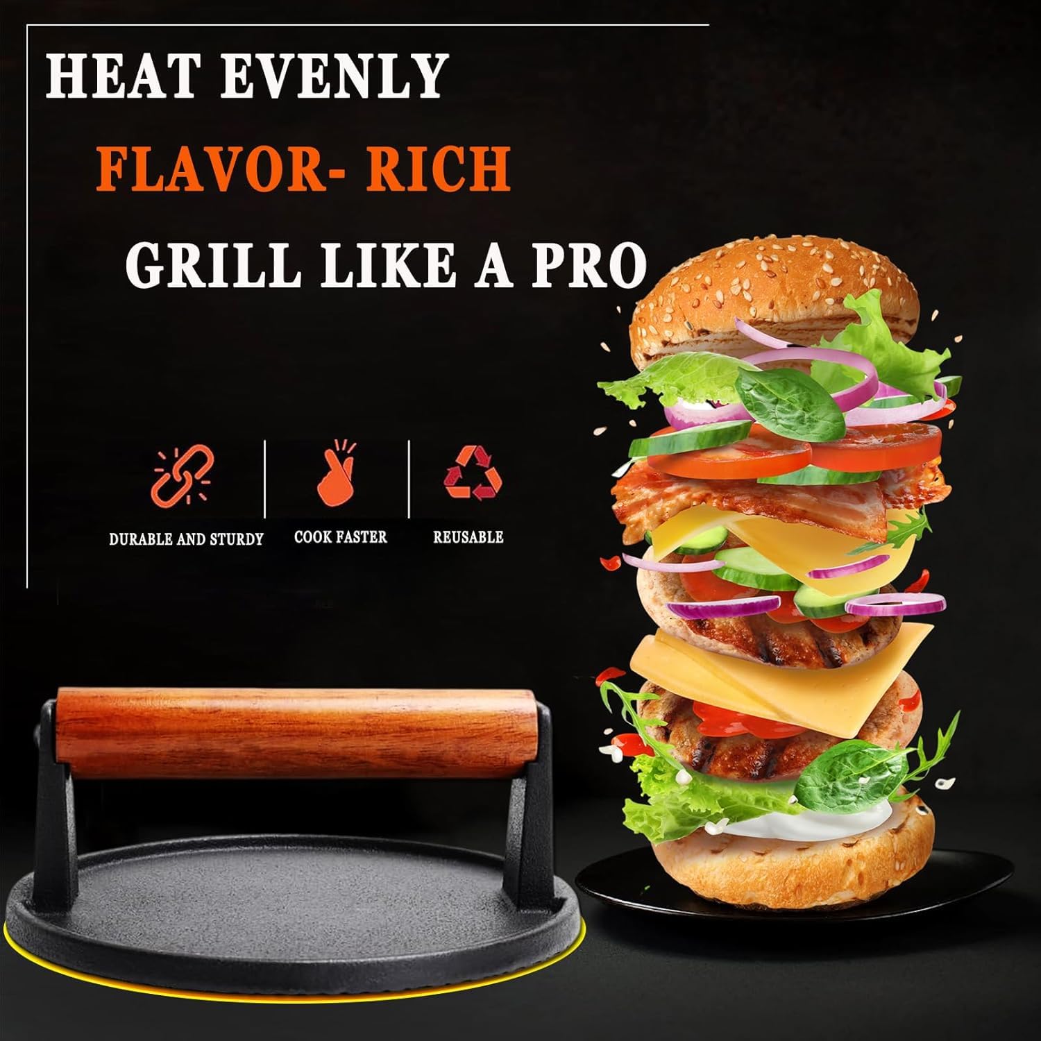 RZSTBSFC cast-iron press with wooden handle for safe, cool-touch grilling.