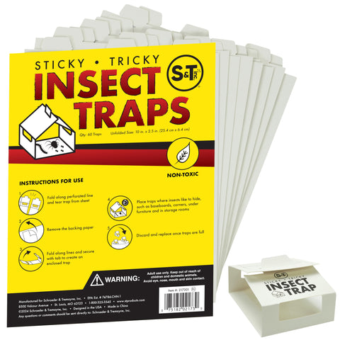 S&T INC. glue traps in a 60-count sheet ready for assembly near baseboard corners.