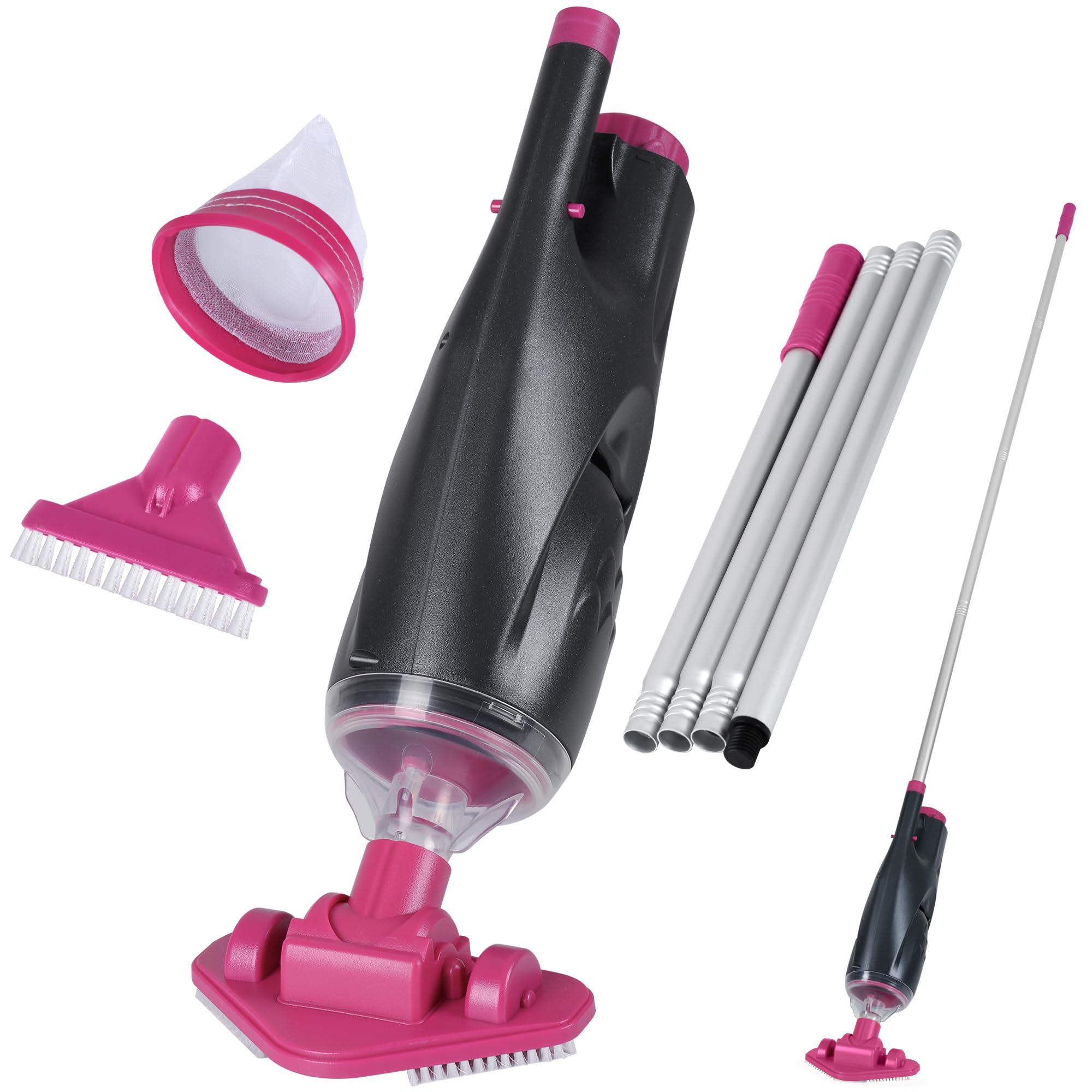S7 rechargeable handheld hot tub vacuum with pole assembly for easy reach around corners.