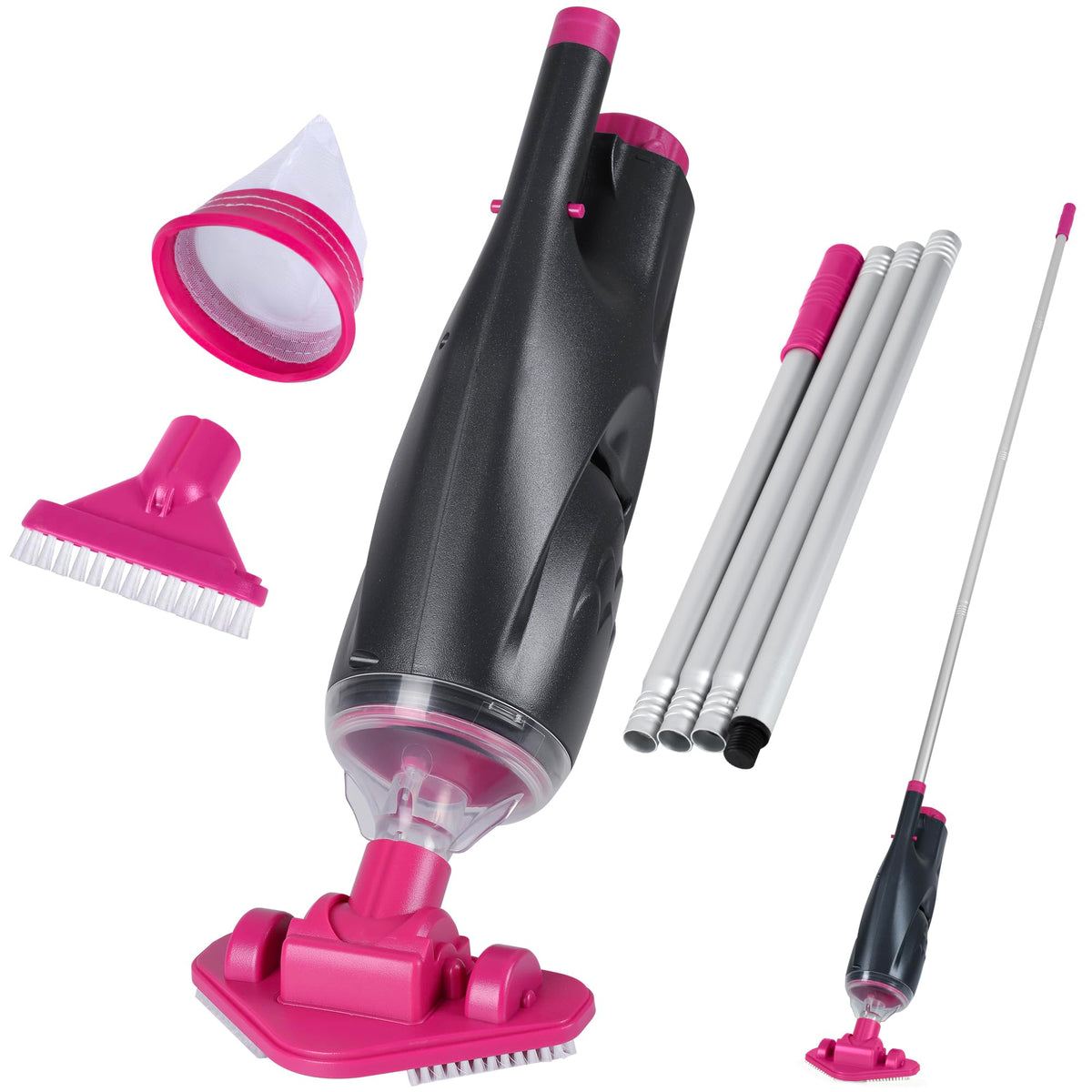 S7 rechargeable handheld hot tub vacuum with pole assembly for easy reach around corners.