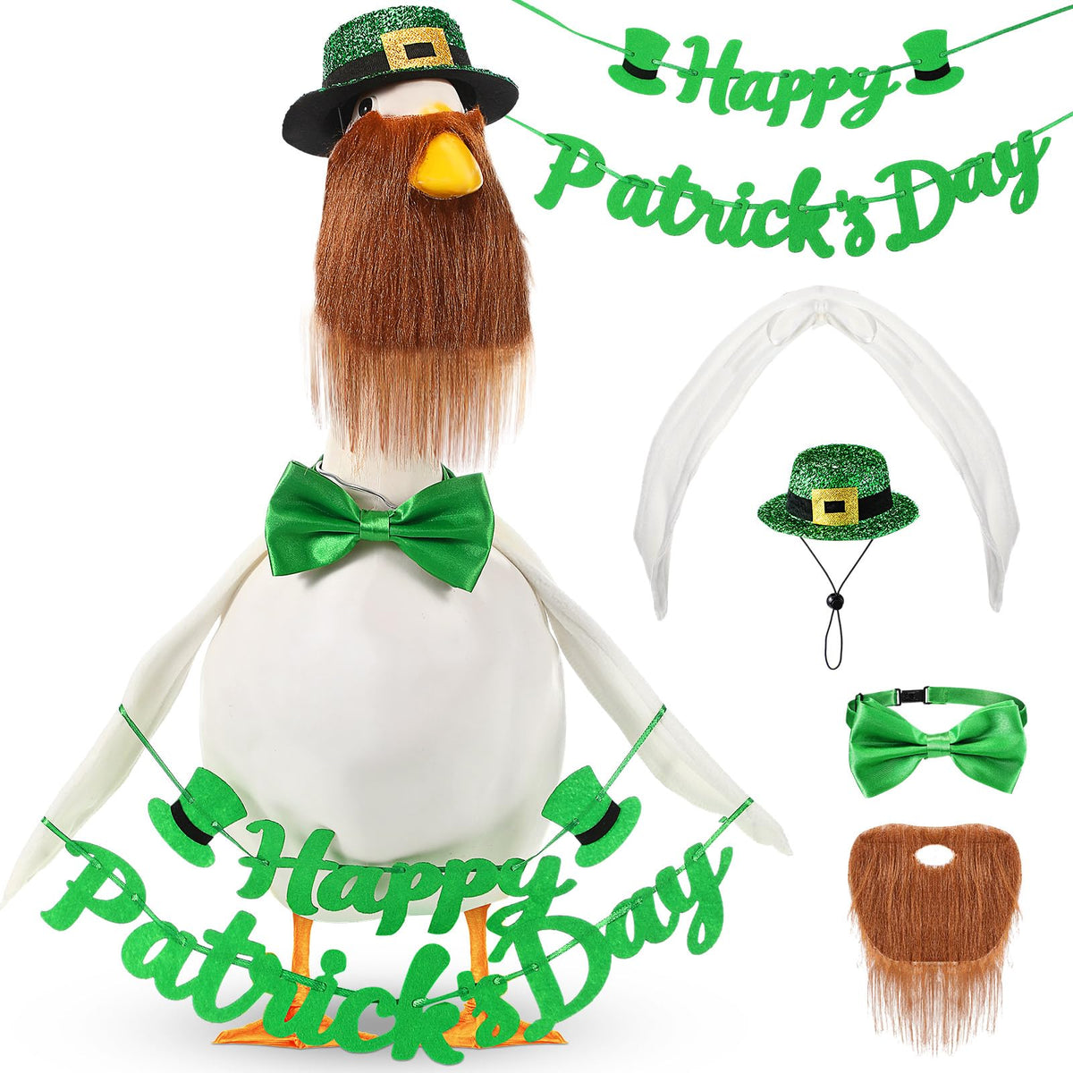 Sadnyy St Patrick's Day goose bow enhances outdoor statue displays
