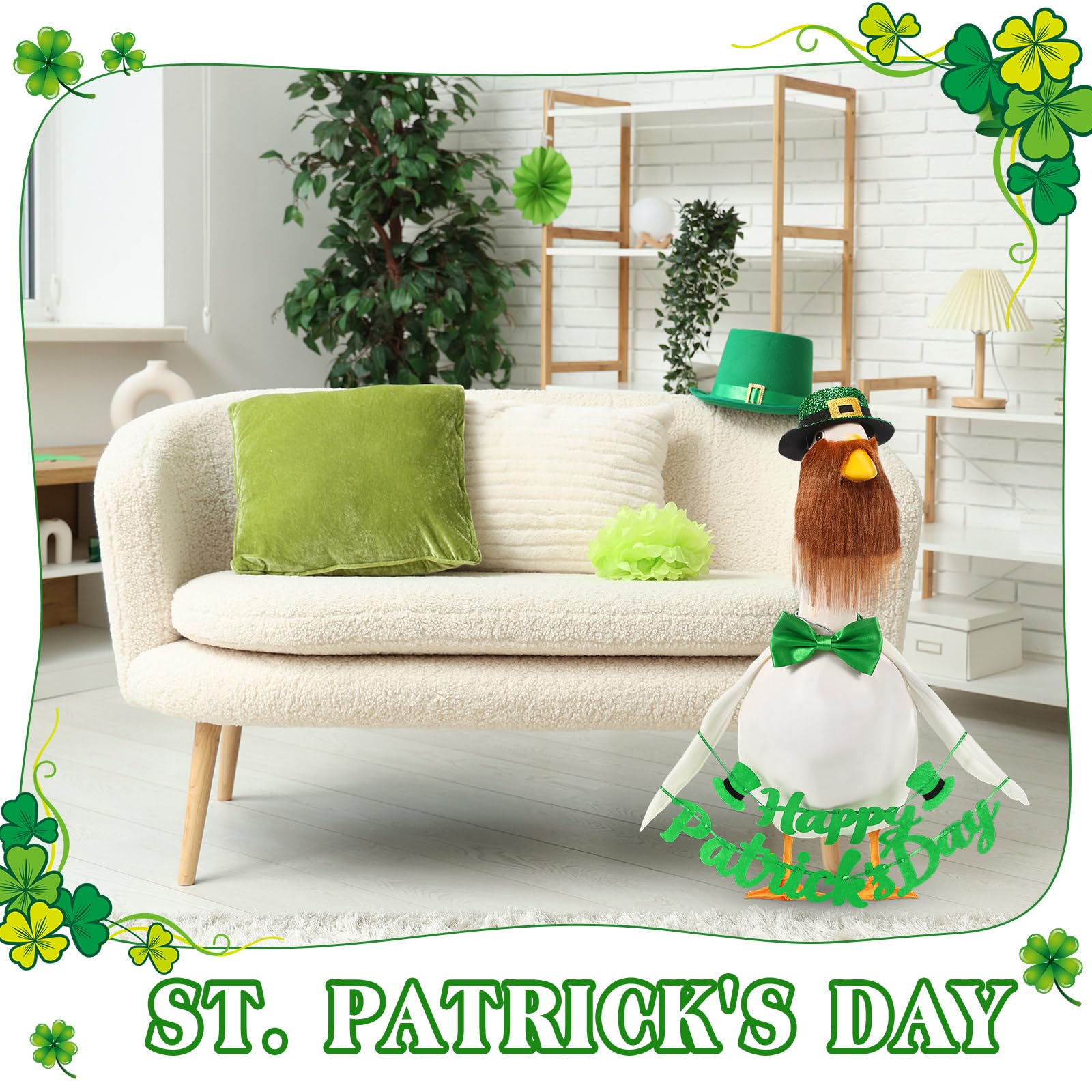 Sadnyy lawn decor idea for St Patrick's Day with a charming goose