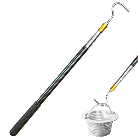 Sadoia extendable pool skimmer hook extended to 63 inches for easy basket access.