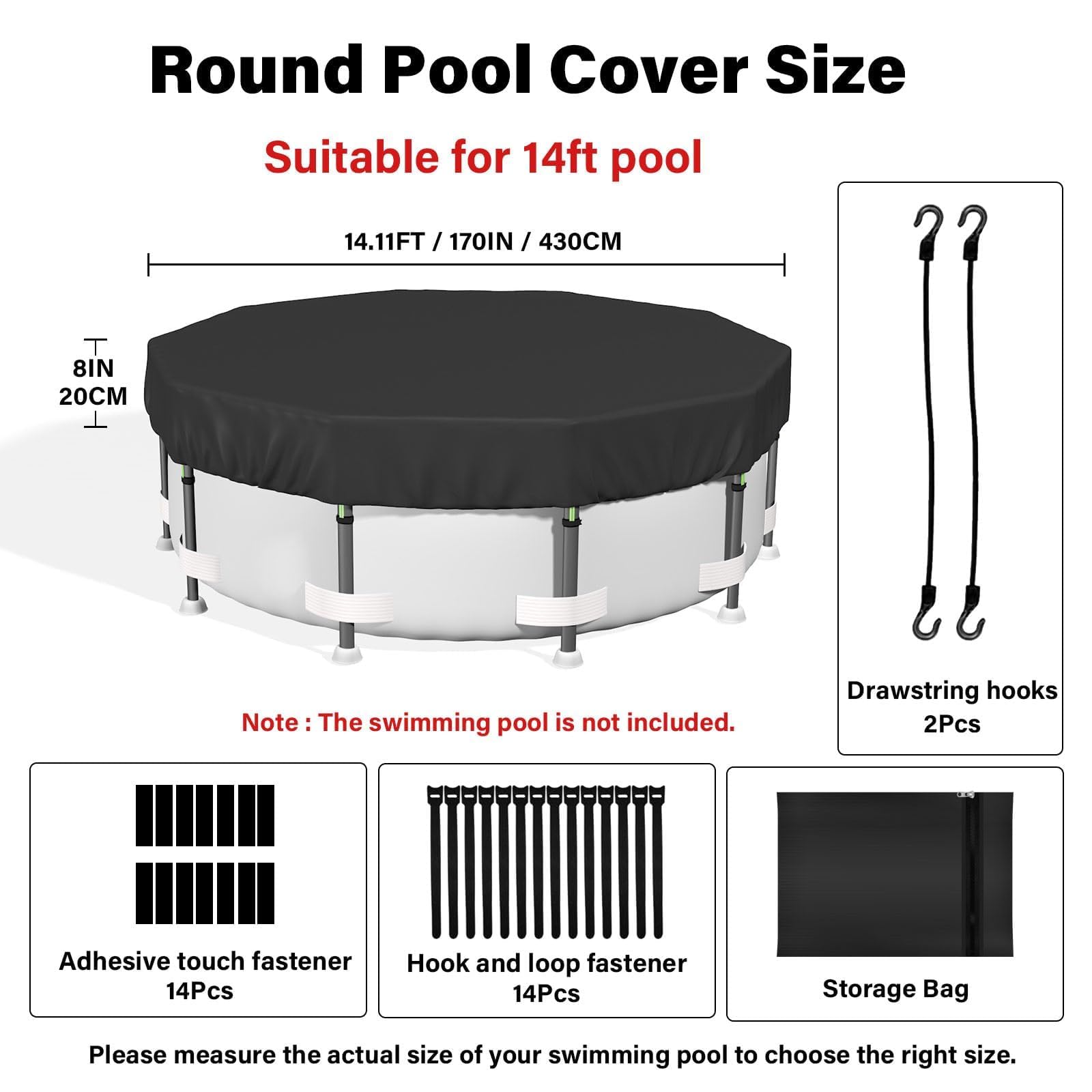 Safana round pool cover highlighting reinforced 420D Oxford fabric for tear resistance.