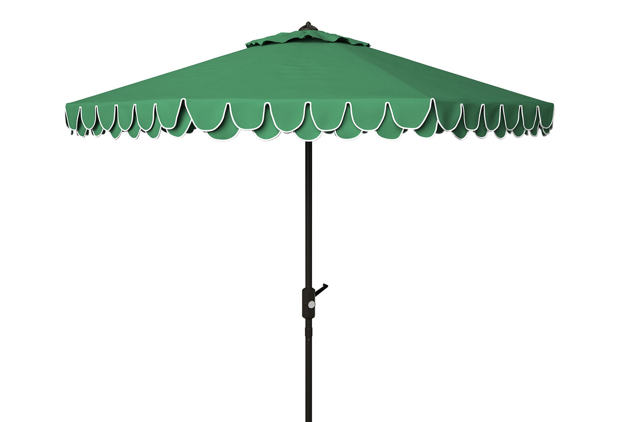 SAFAVIEH 9ft round outdoor umbrella with dark green fabric and valance provides stylish shade.