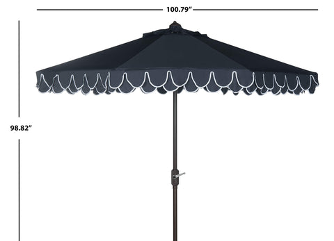 Safavieh auto-crank tilt umbrella for easy shade adjustment.