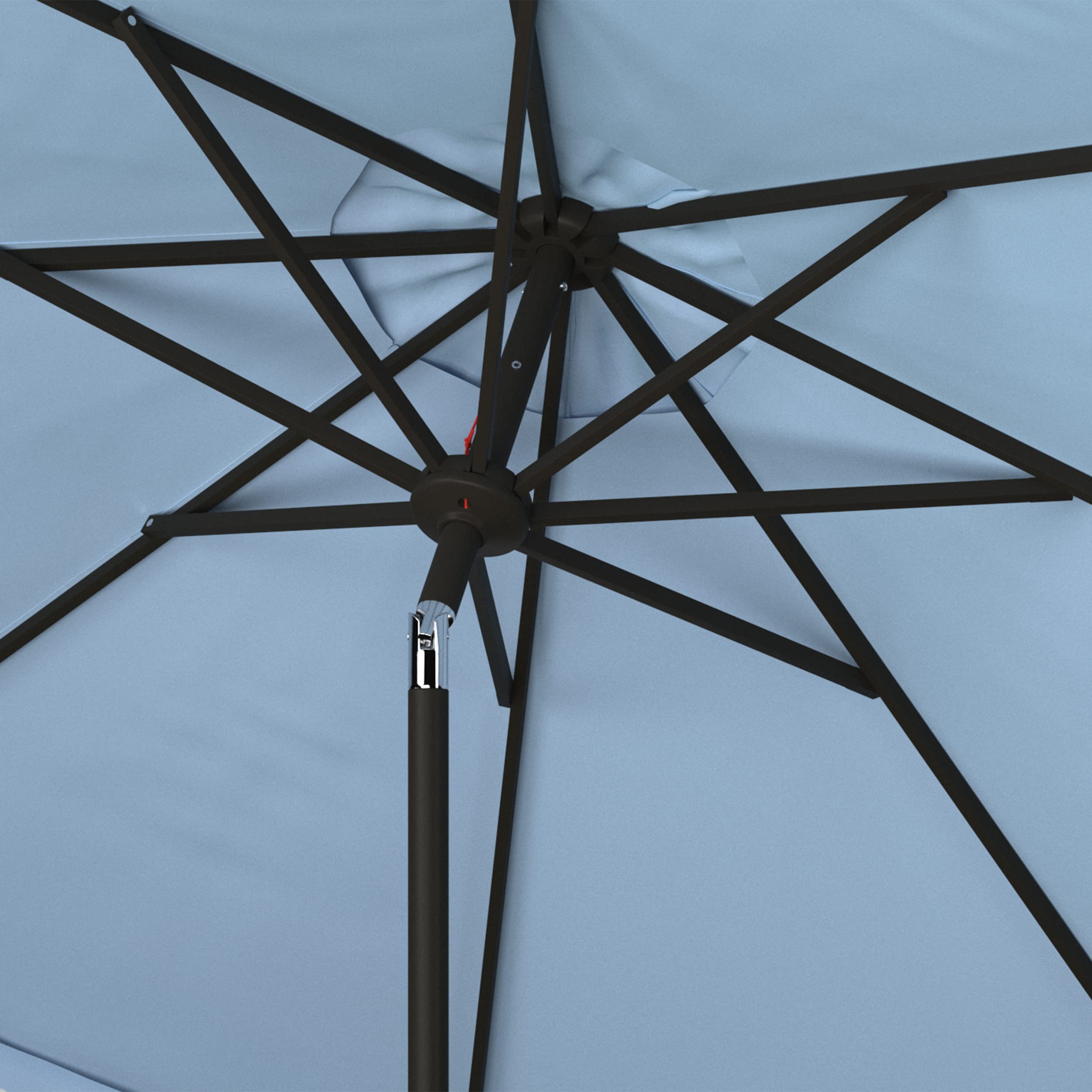 SAFAVIEH baby blue trim umbrella enhances deck aesthetics while delivering sun protection.