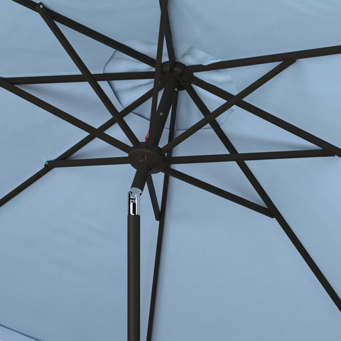SAFAVIEH baby blue trim umbrella enhances deck aesthetics while delivering sun protection.
