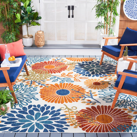 SAFAVIEH Cabana outdoor rug 9x12 in cream and red boosts patio style with durable, stain-resistant fibers.