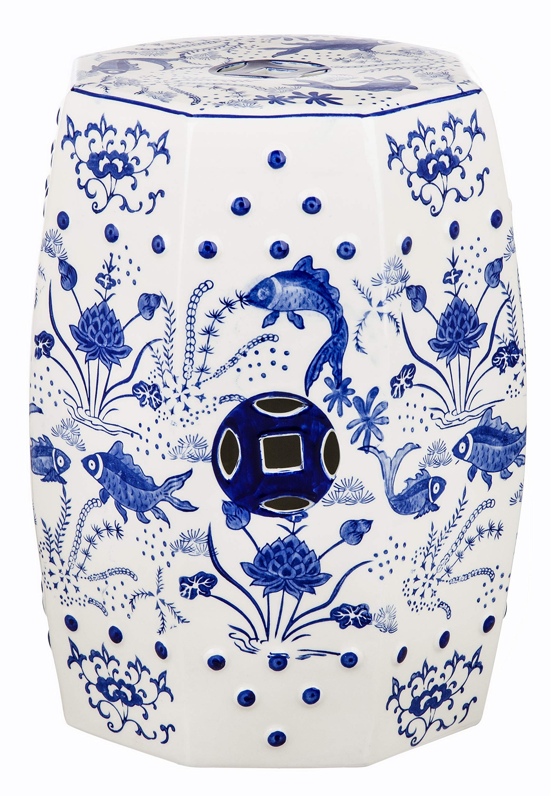 Safavieh Castle Gardens blue cloud pattern stool provides an elegant outdoor seating option