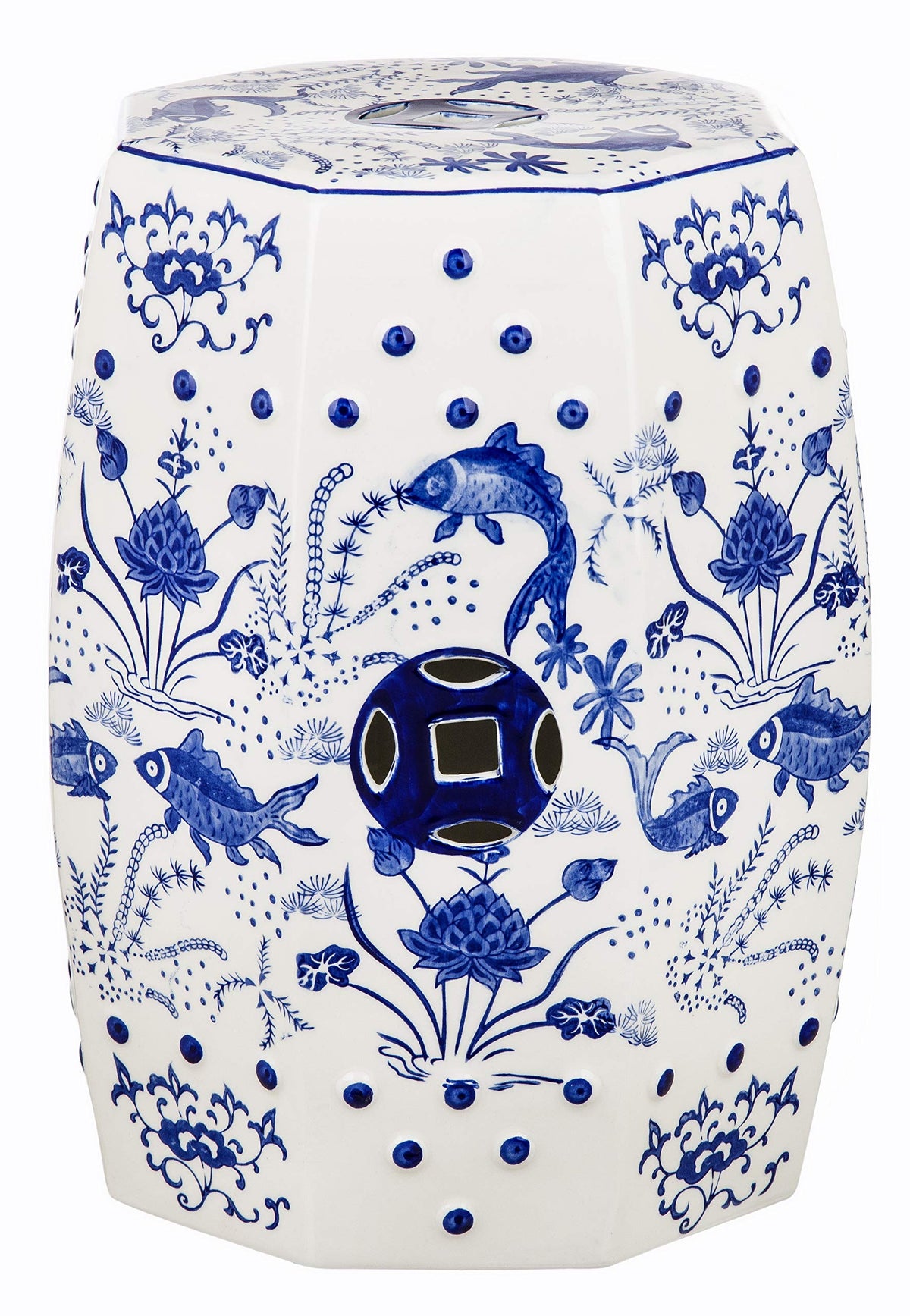 Safavieh Castle Gardens blue cloud pattern stool provides an elegant outdoor seating option