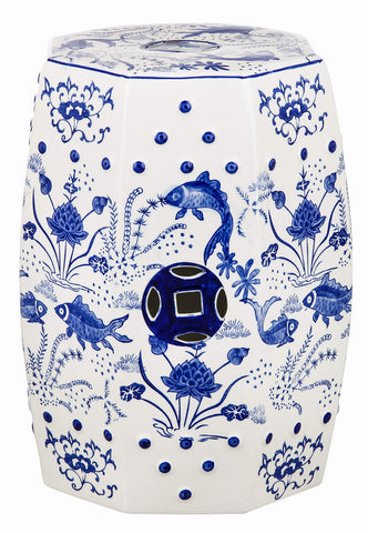 Safavieh Castle Gardens blue cloud pattern stool provides an elegant outdoor seating option